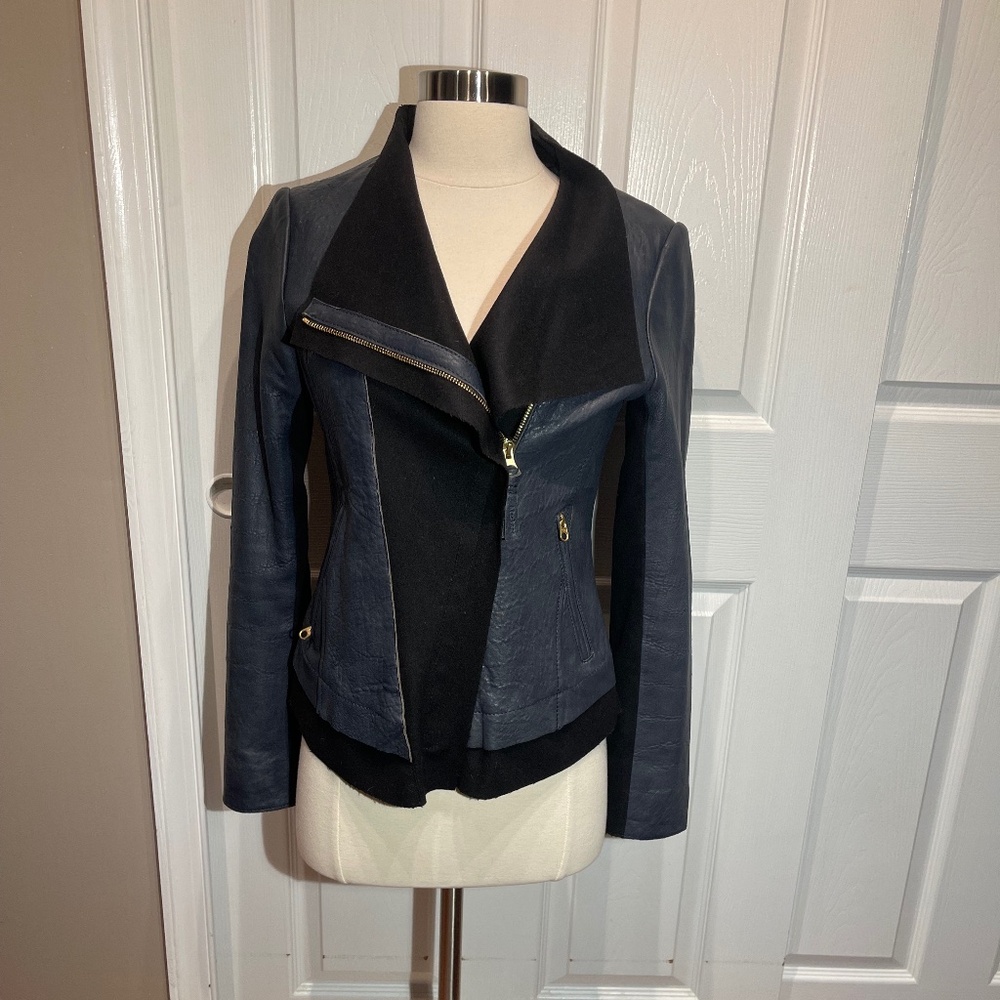 Mackage blue leather asymmetric jacket XS